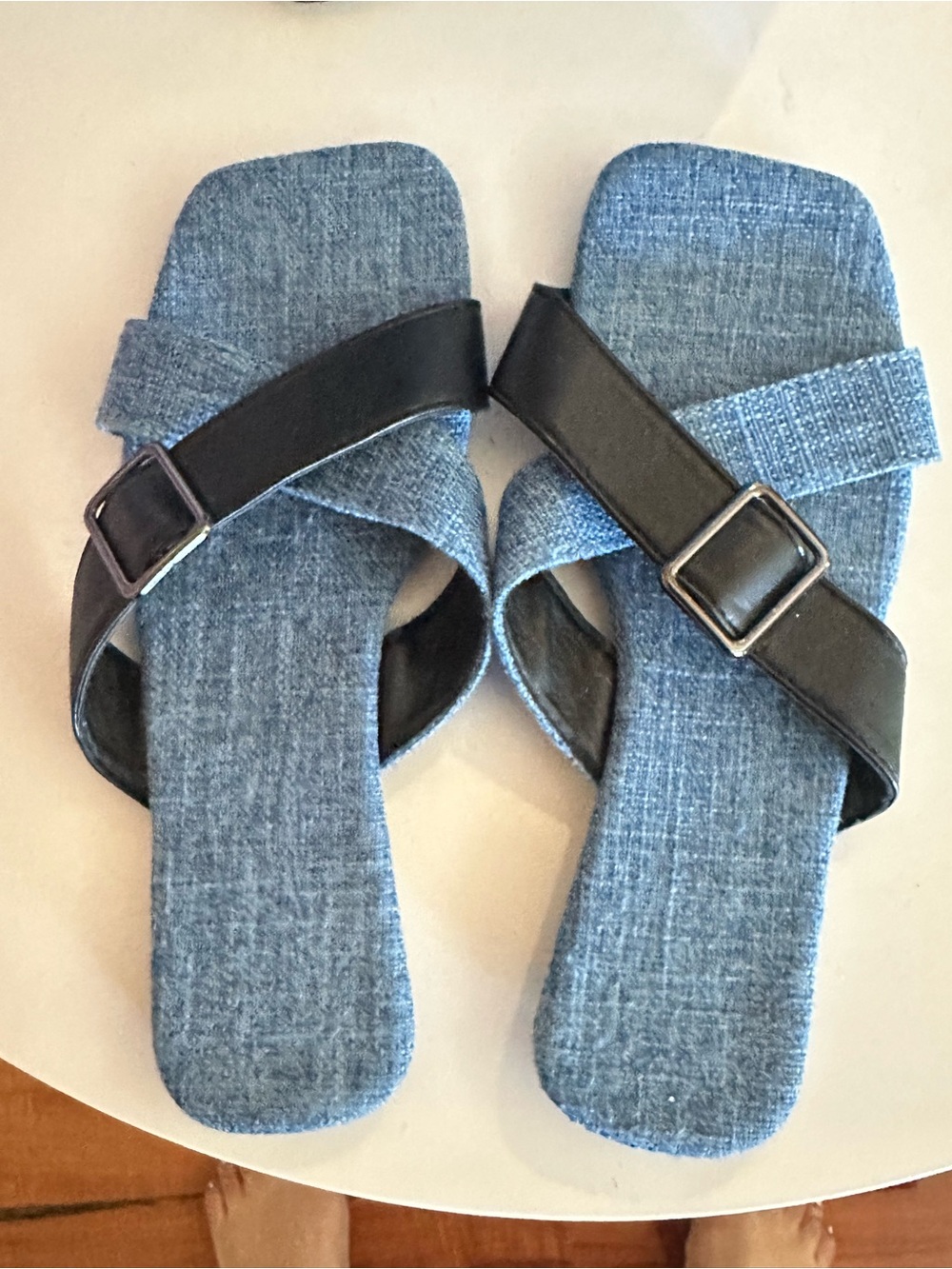 Denim Blue Cross-Strap Sandals with Black Buckle Straps